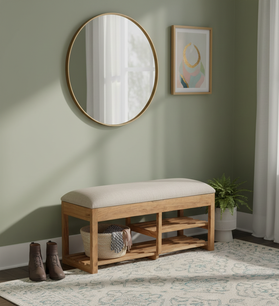 Amania Acacia Upholstered Bench With Shelf