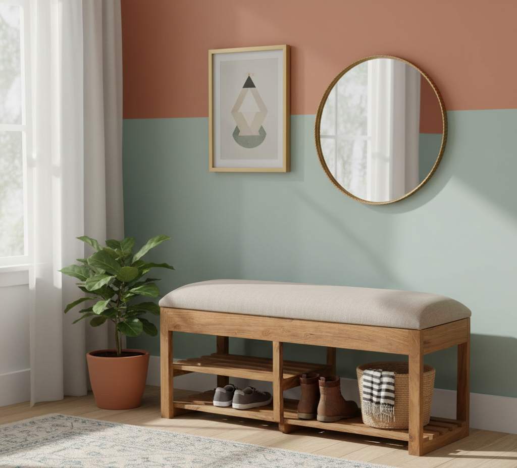 Amania Acacia Upholstered Bench With Shelf