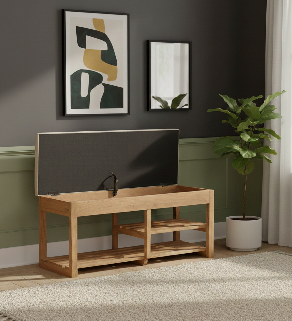 Amania Acacia Upholstered Bench With Shelf