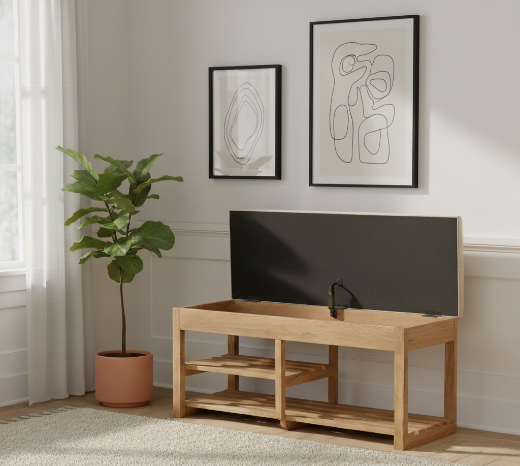 Amania Acacia Upholstered Bench With Shelf
