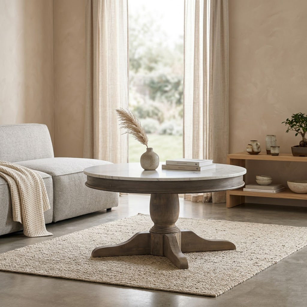 Adelaide Mango Round Coffee Table With Marble Top