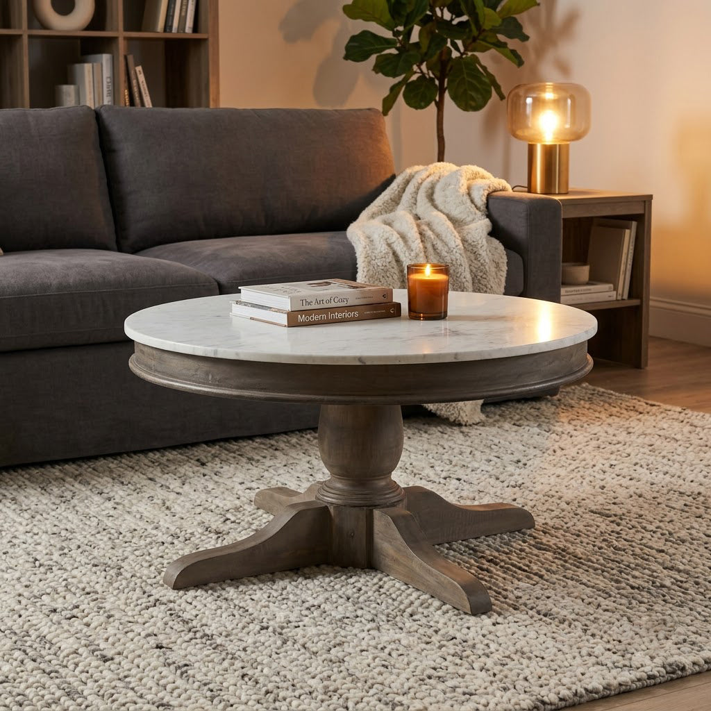Adelaide Mango Round Coffee Table With Marble Top