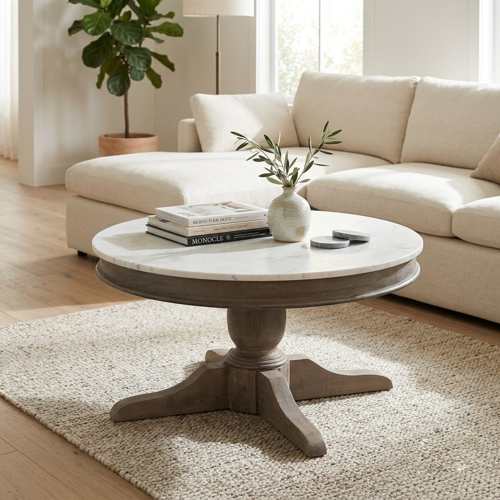 Adelaide Mango Round Coffee Table With Marble Top