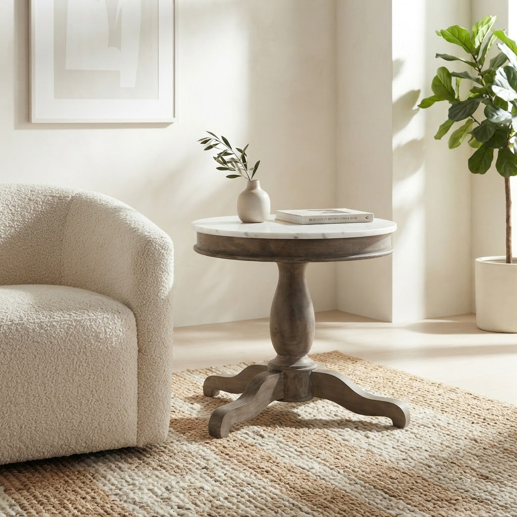 Adelaide Mango Wood Round End Table With Marble Top