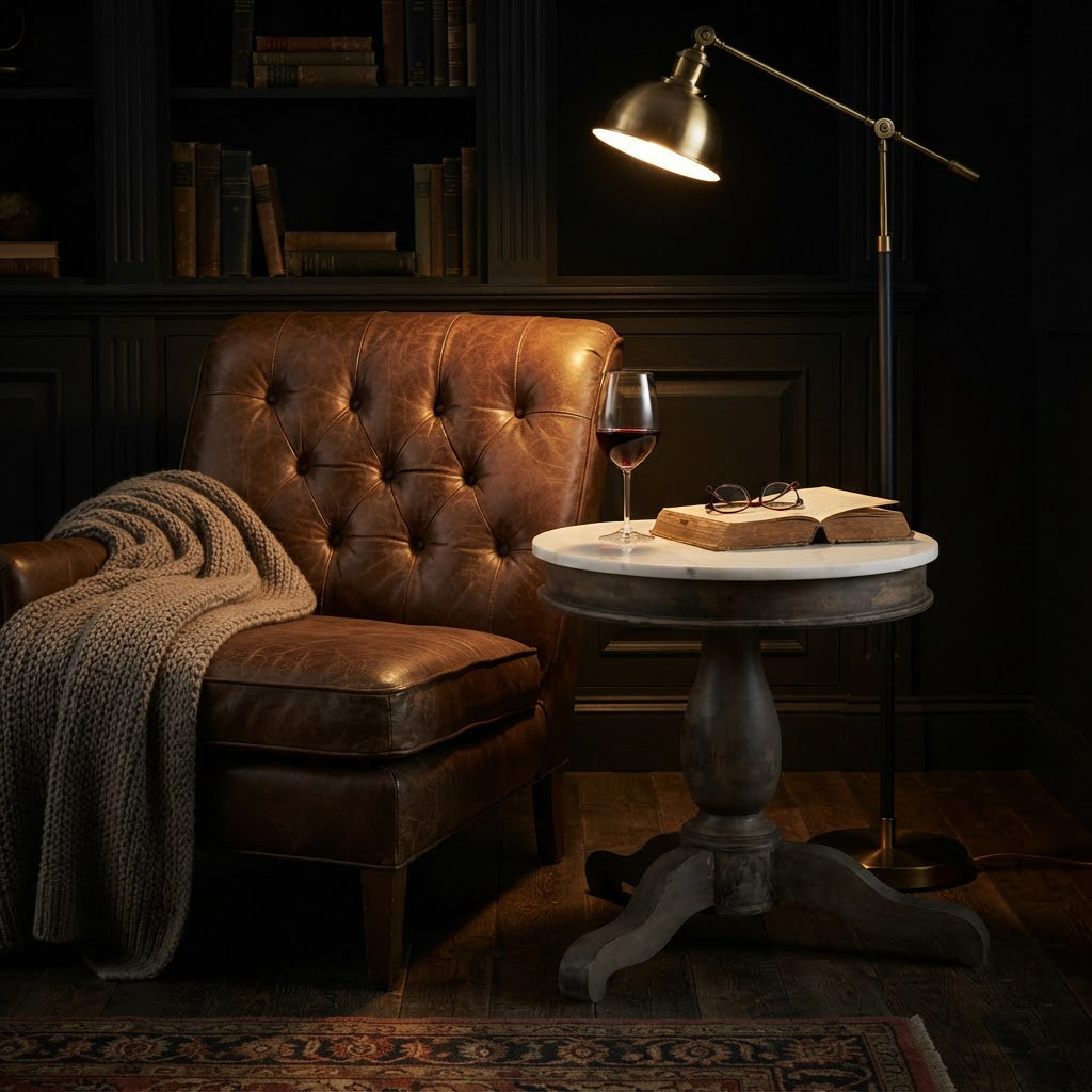 Adelaide Mango Wood Round End Table With Marble Top