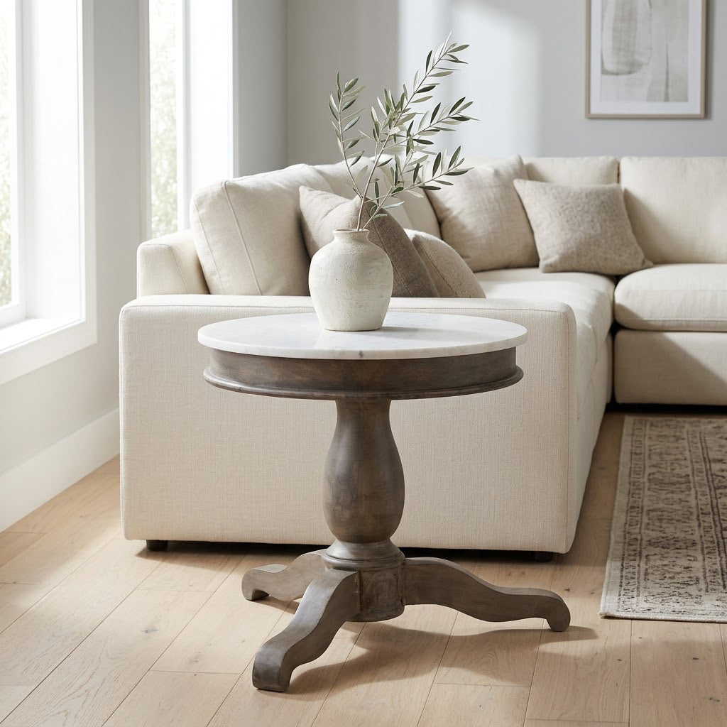 Adelaide Mango Wood Round End Table With Marble Top
