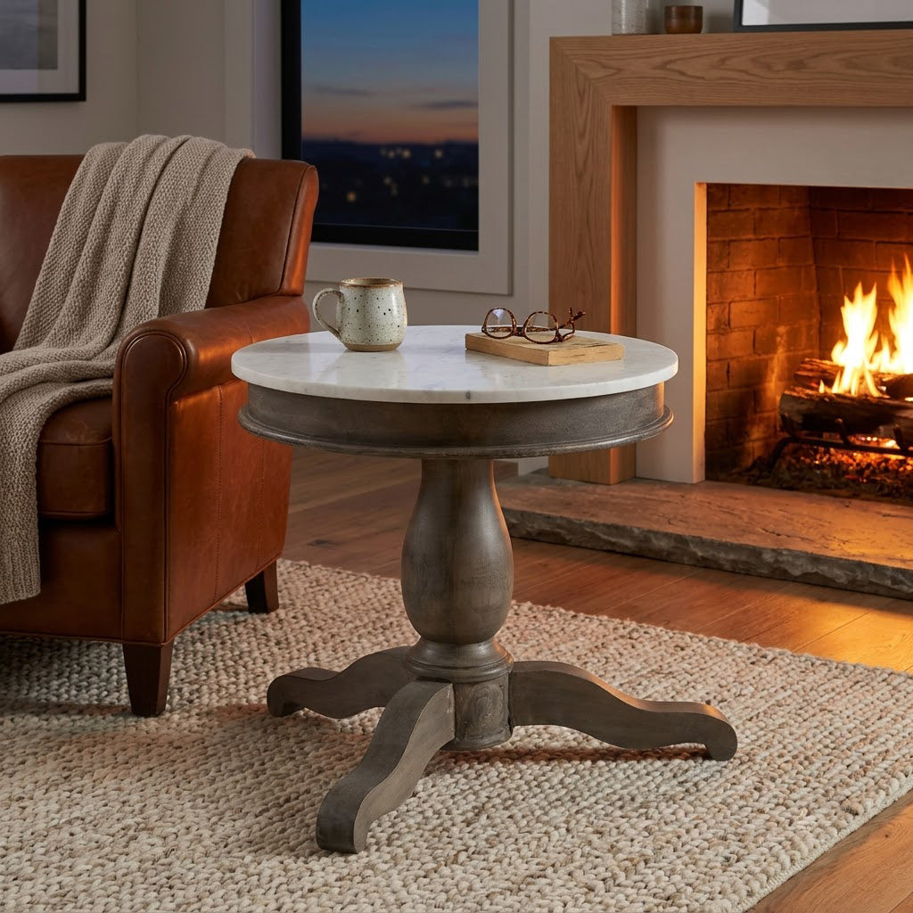 Adelaide Mango Wood Round End Table With Marble Top