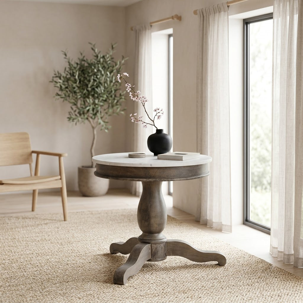 Adelaide Mango Wood Round End Table With Marble Top