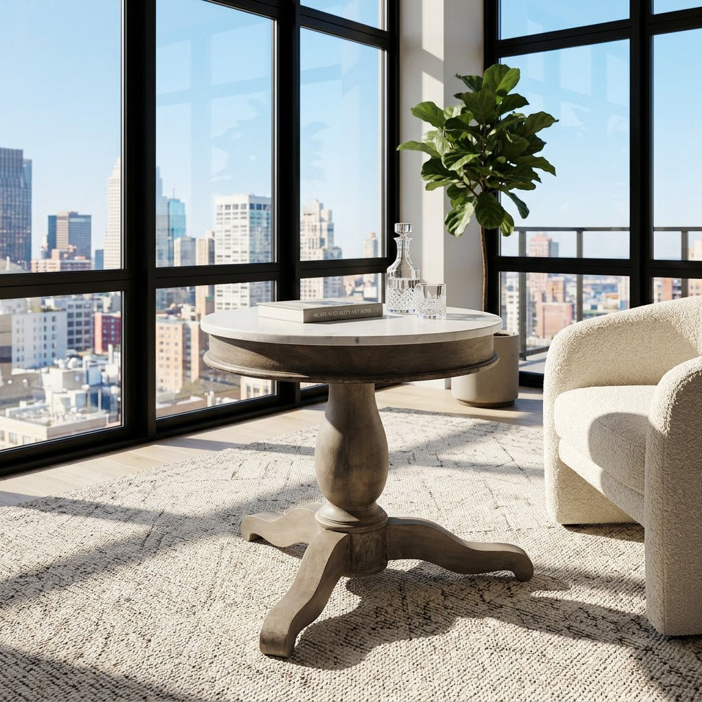 Adelaide Mango Wood Round End Table With Marble Top