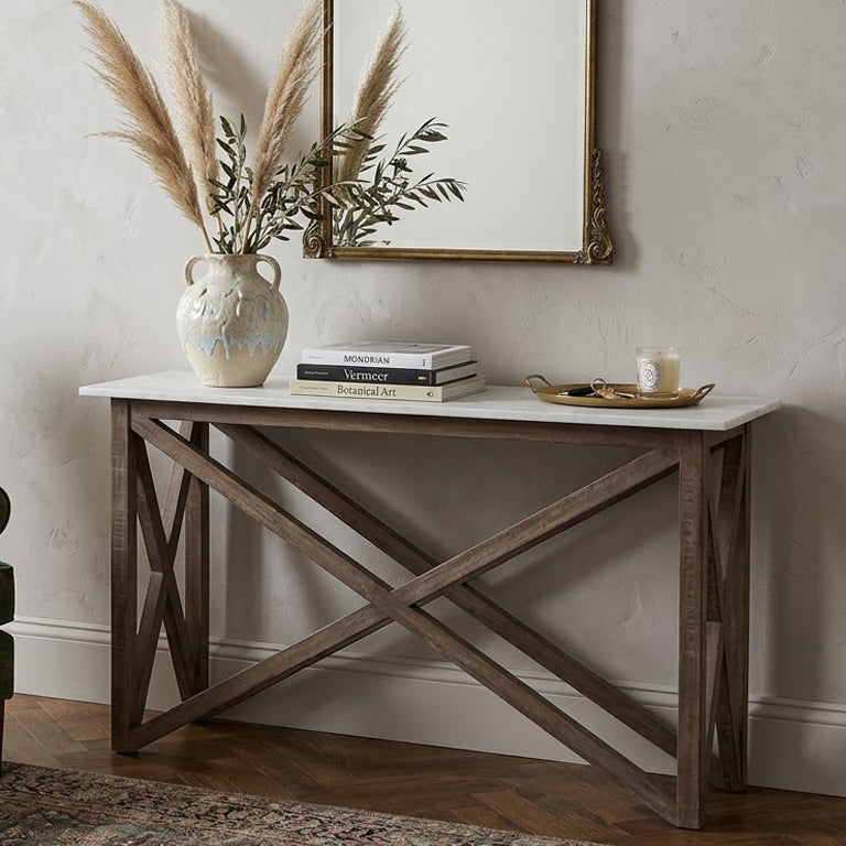 Antwerp Mango Wood Marble Top Console Table - Salvage / White