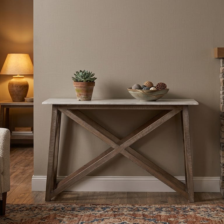 Antwerp Mango Wood Marble Top Console Table - Salvage / White