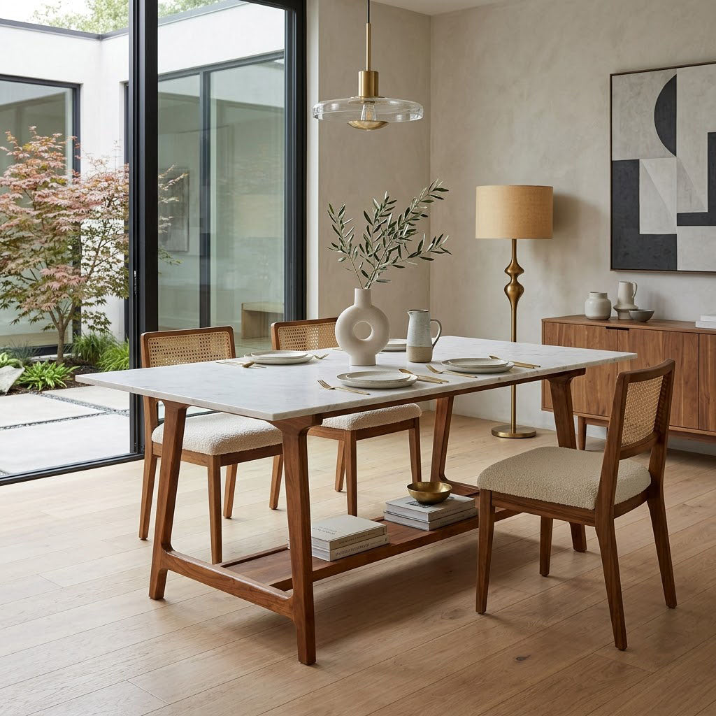 Aspen Acacia Wood Marble Top Dining Table - Cognac / White