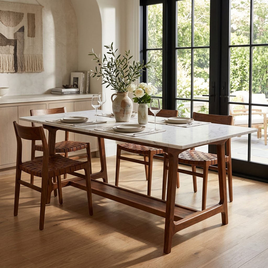 Aspen Acacia Wood Marble Top Dining Table - Cognac / White