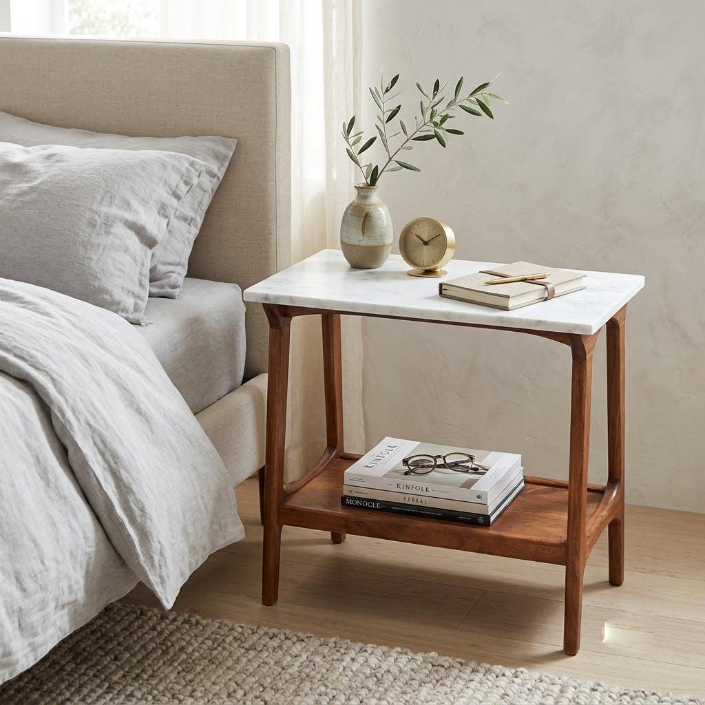 Aspen Acacia Wood Marble Top Side Table