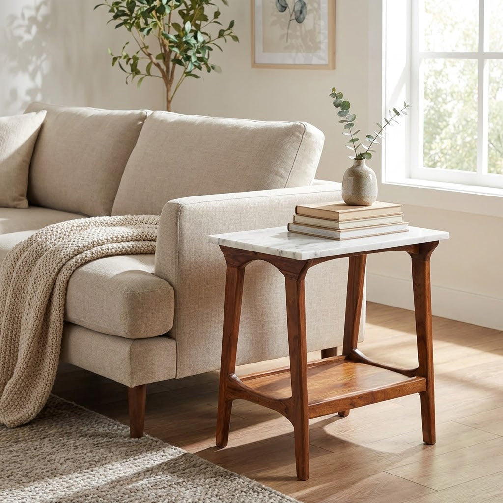 Aspen Acacia Wood Marble Top Side Table