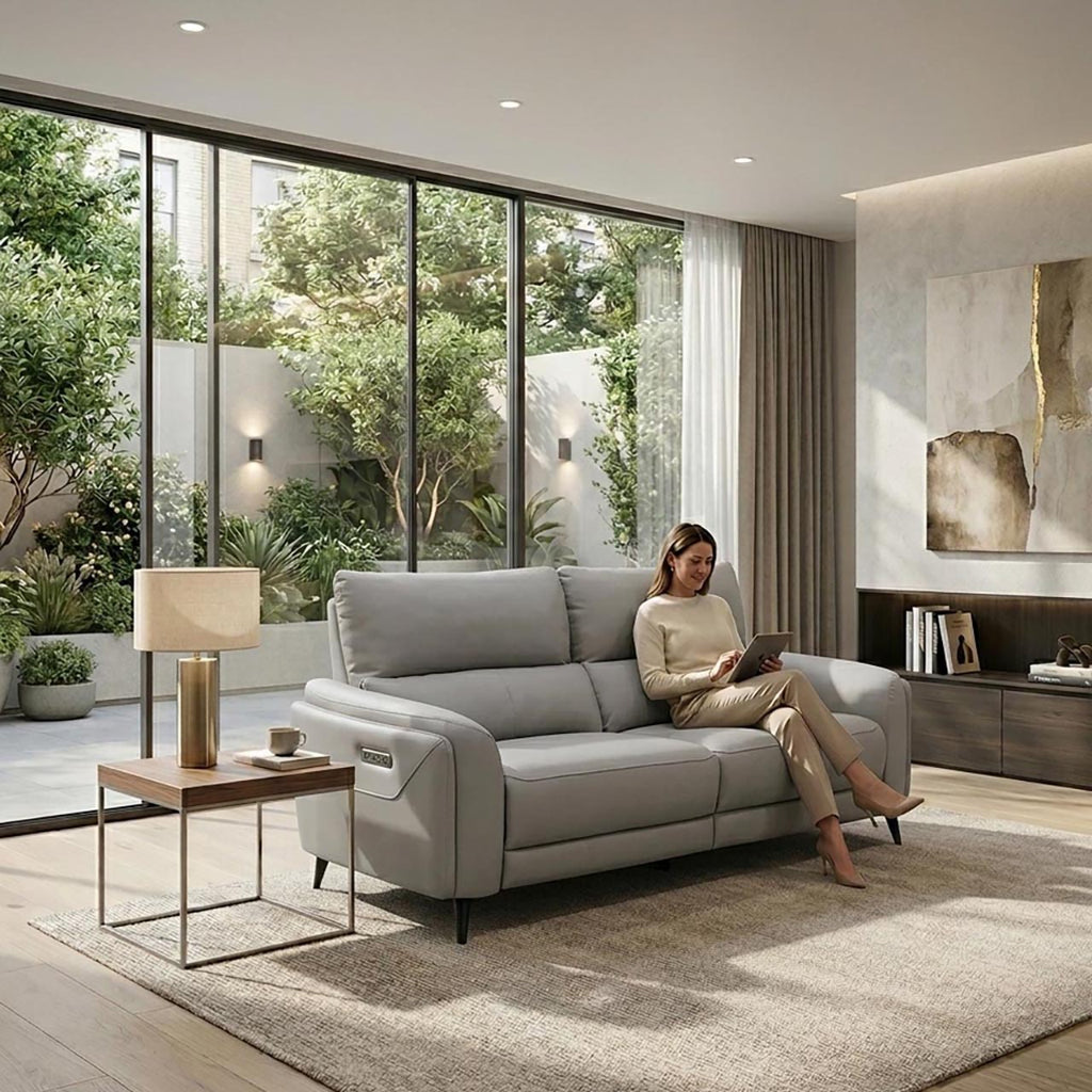 Avery Leather Luxe Recliner Sofa - Terraroaza Grey