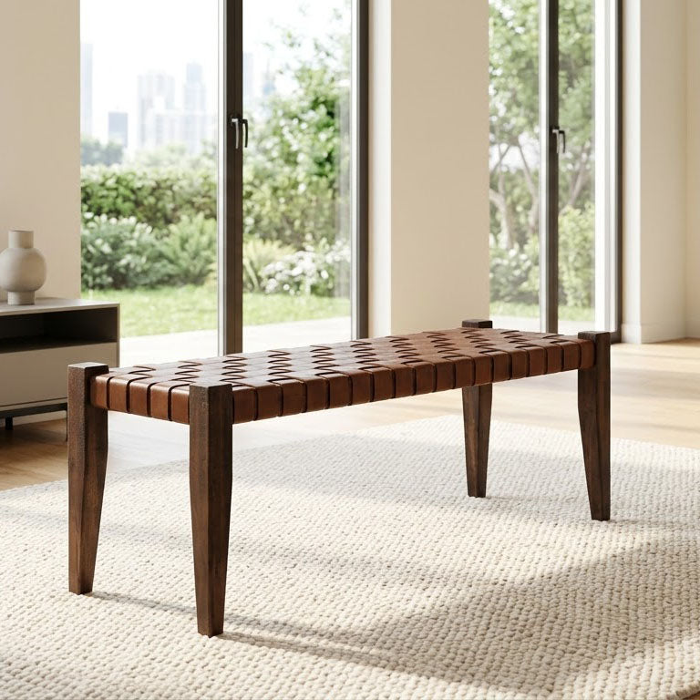 Claudia Acacia Leather Bench