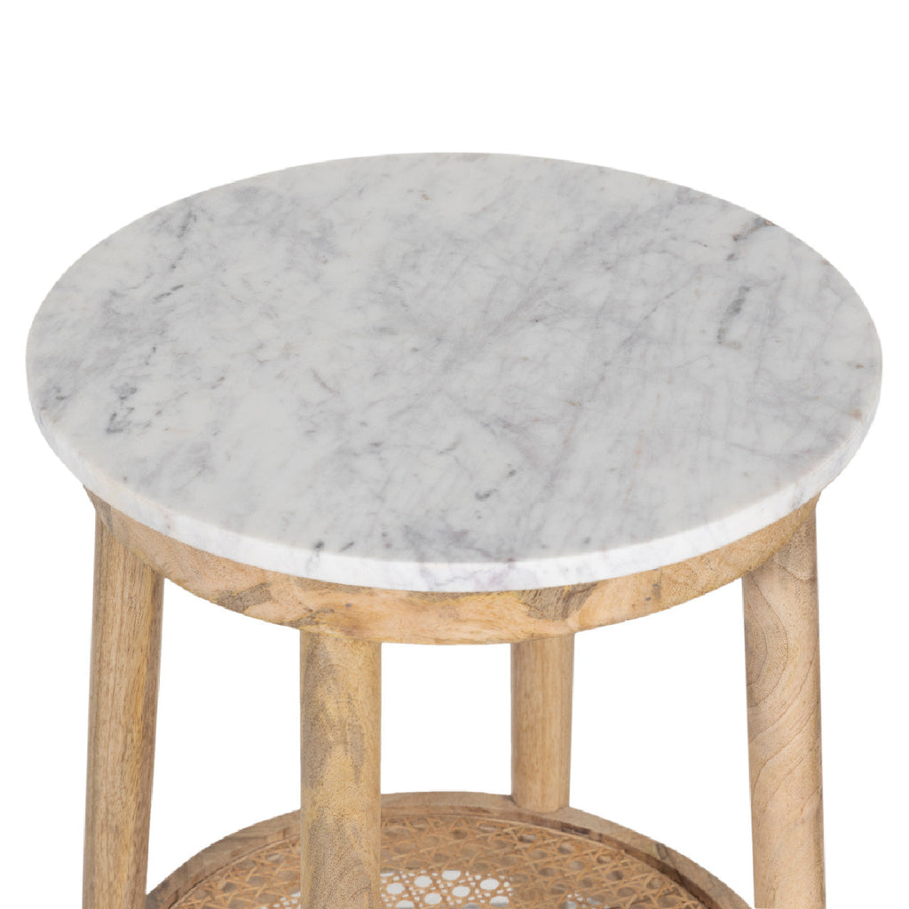 Dowalvn Mango Wood Round Top with Rattan Shelf Side Table