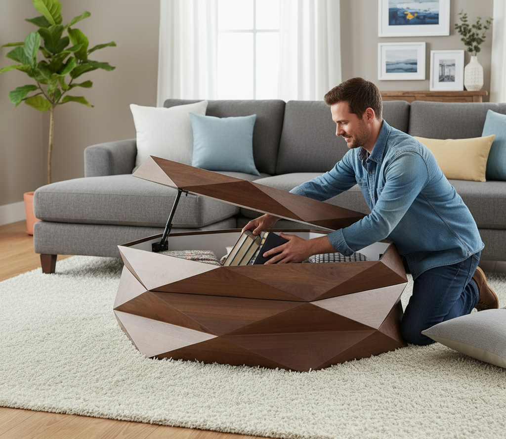 Hexagonal Mango Wood Coffee Table with Storage