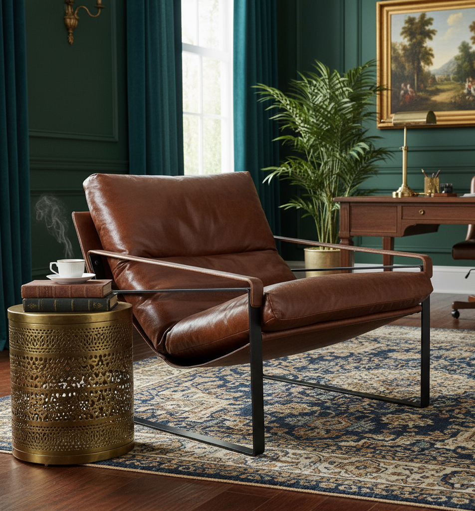 Porgabi Metal & Buff Leather Lounge Chair