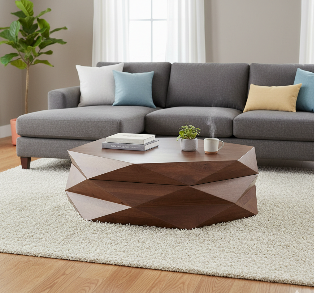 Hexagonal Mango Wood Coffee Table with Storage