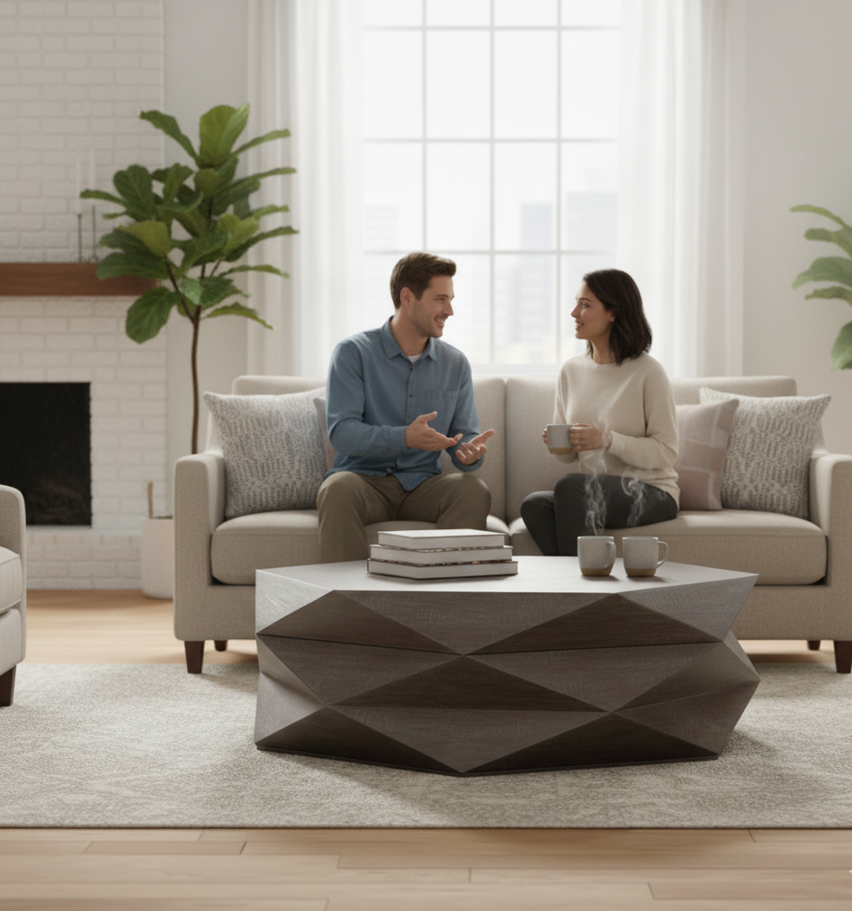 Hexagonal Mango Wood Coffee Table with Storage