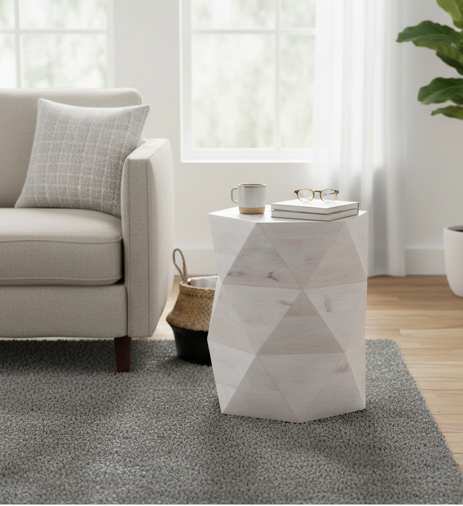 Hexagonal Mango Wood Side Table with Storage