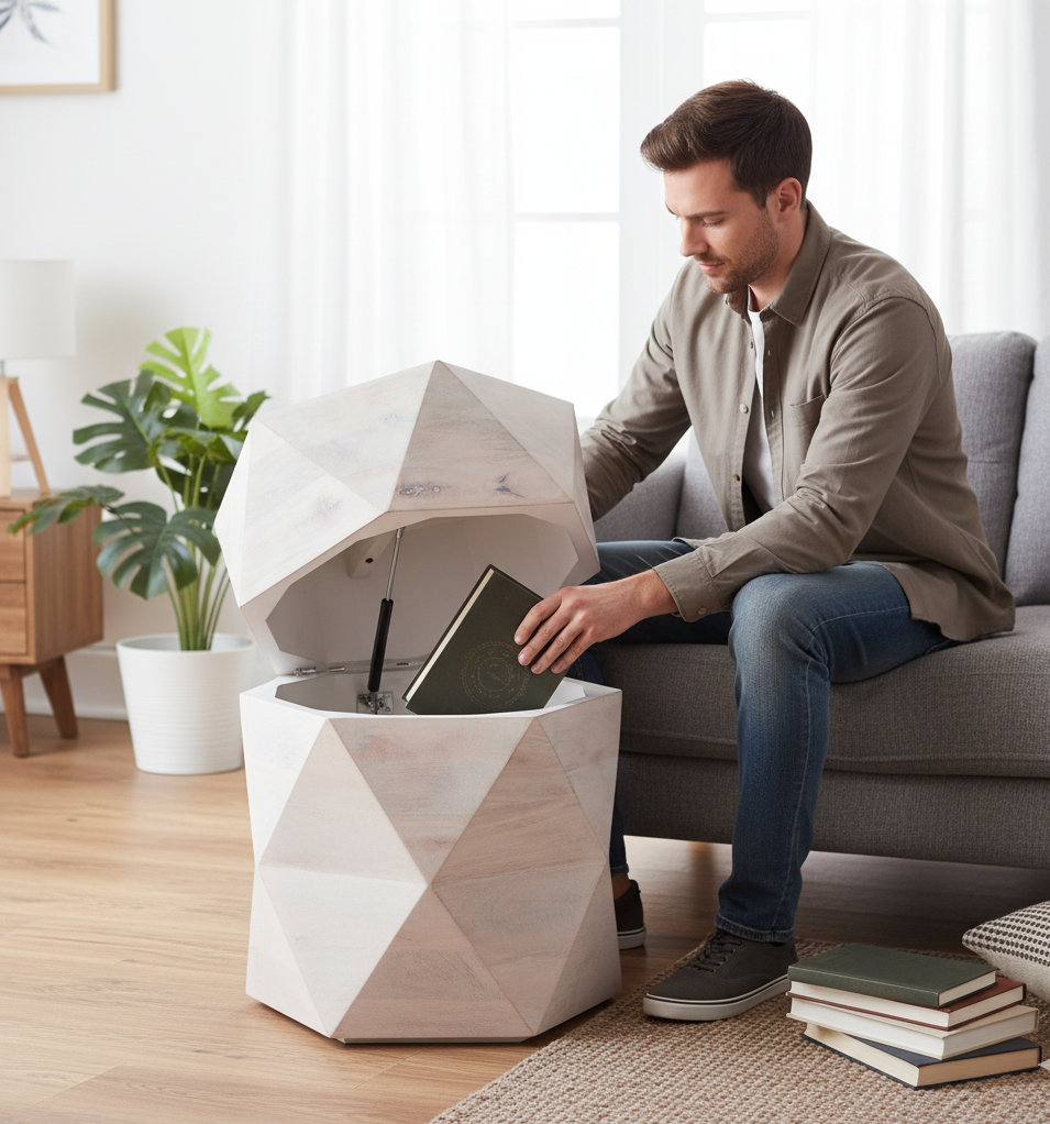 Hexagonal Mango Wood Side Table with Storage