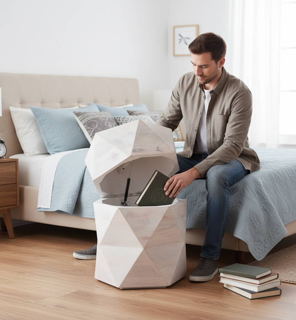 Hexagonal Mango Wood Side Table with Storage