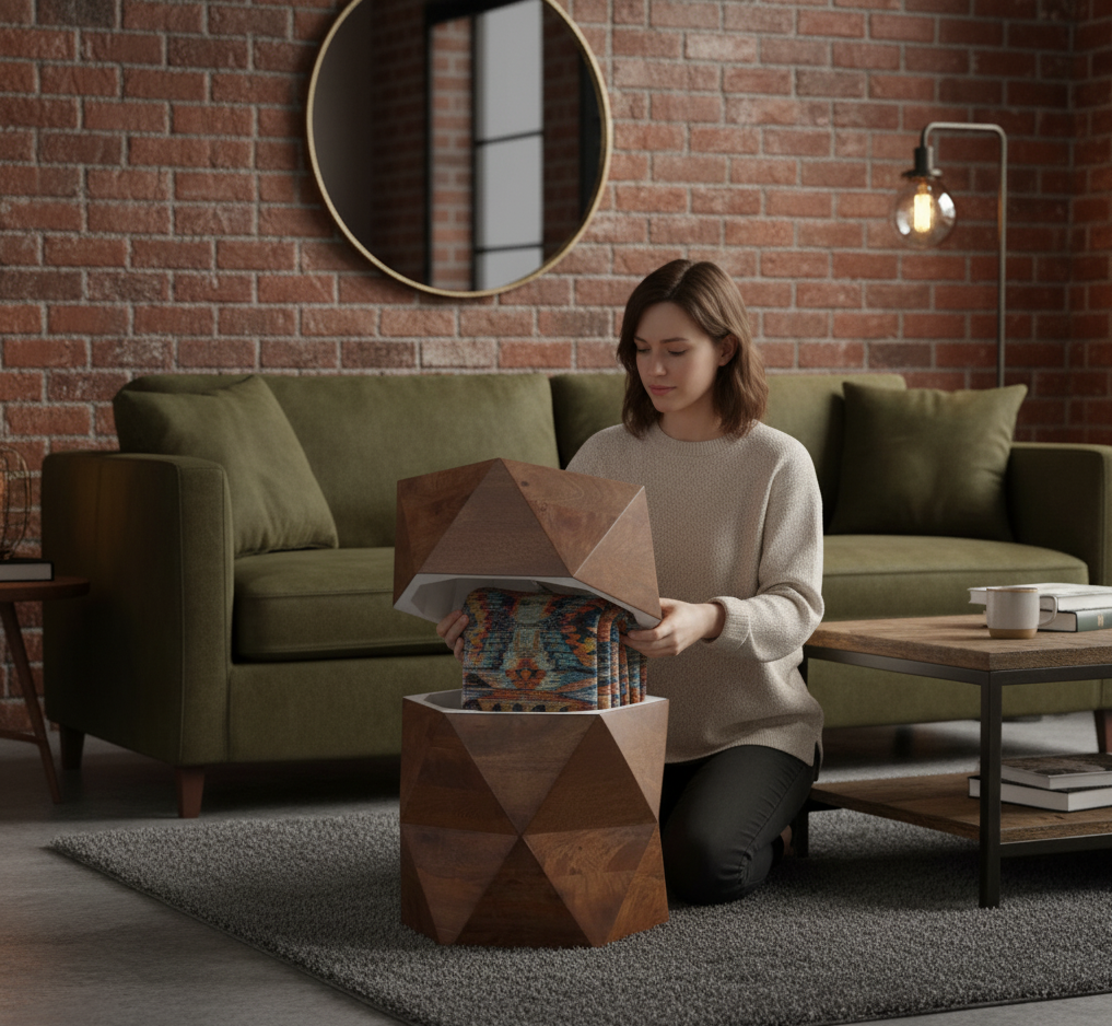 Hexagonal Mango Wood Side Table with Storage