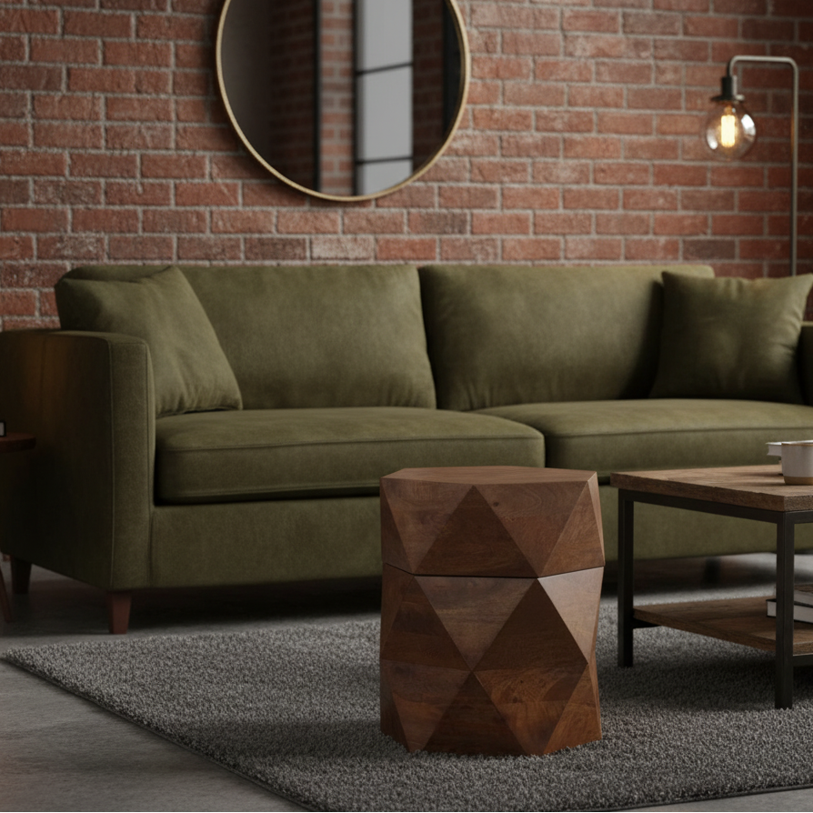 Hexagonal Mango Wood Side Table with Storage