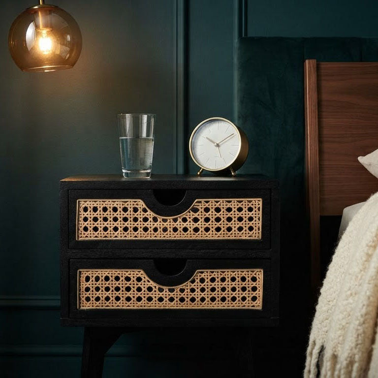 Rabat Mango Wood Rattan 2 Drawer Bedside Table