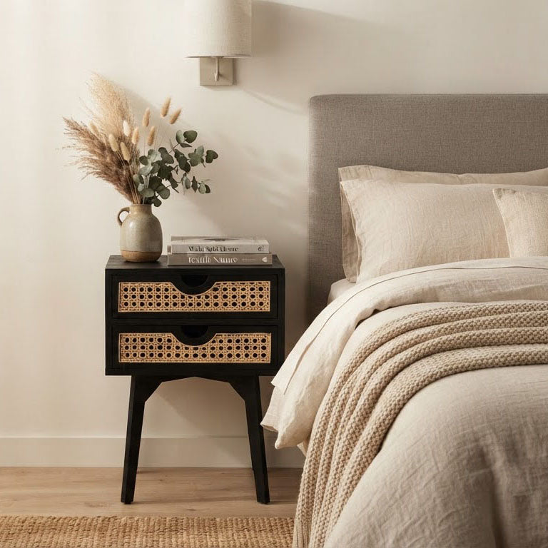 Rabat Mango Wood Rattan 2 Drawer Bedside Table