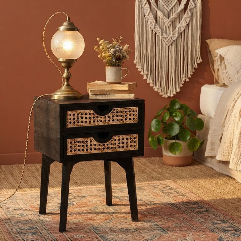 Rabat Mango Wood Rattan 2 Drawer Bedside Table