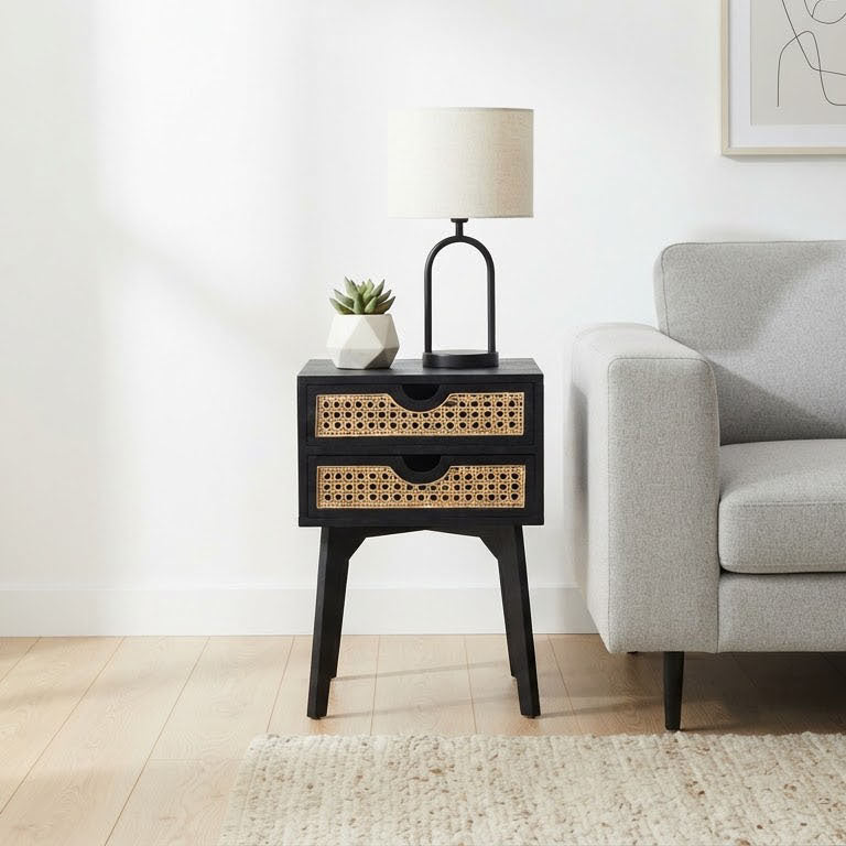 Rabat Mango Wood Rattan 2 Drawer Bedside Table