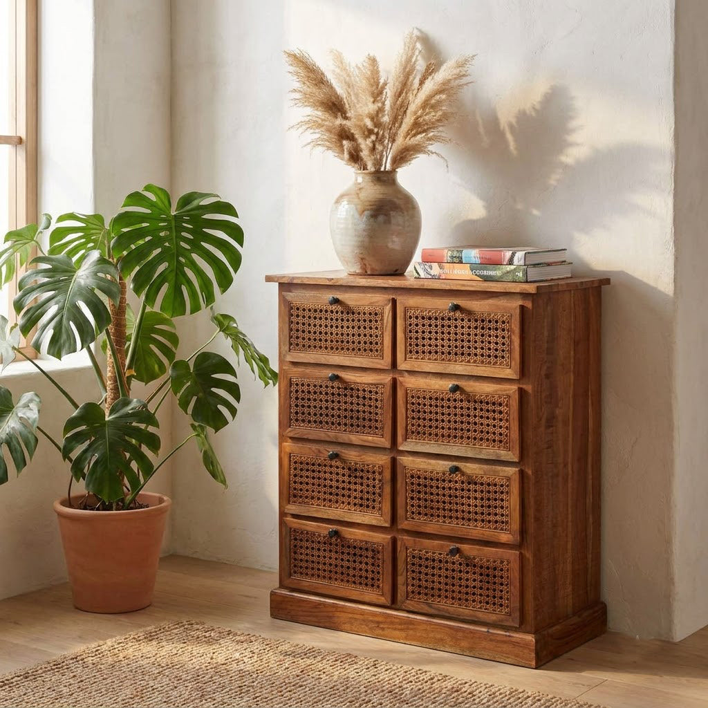 Marisol Acacia Wood 8 Drawer Chest Cognac Finish