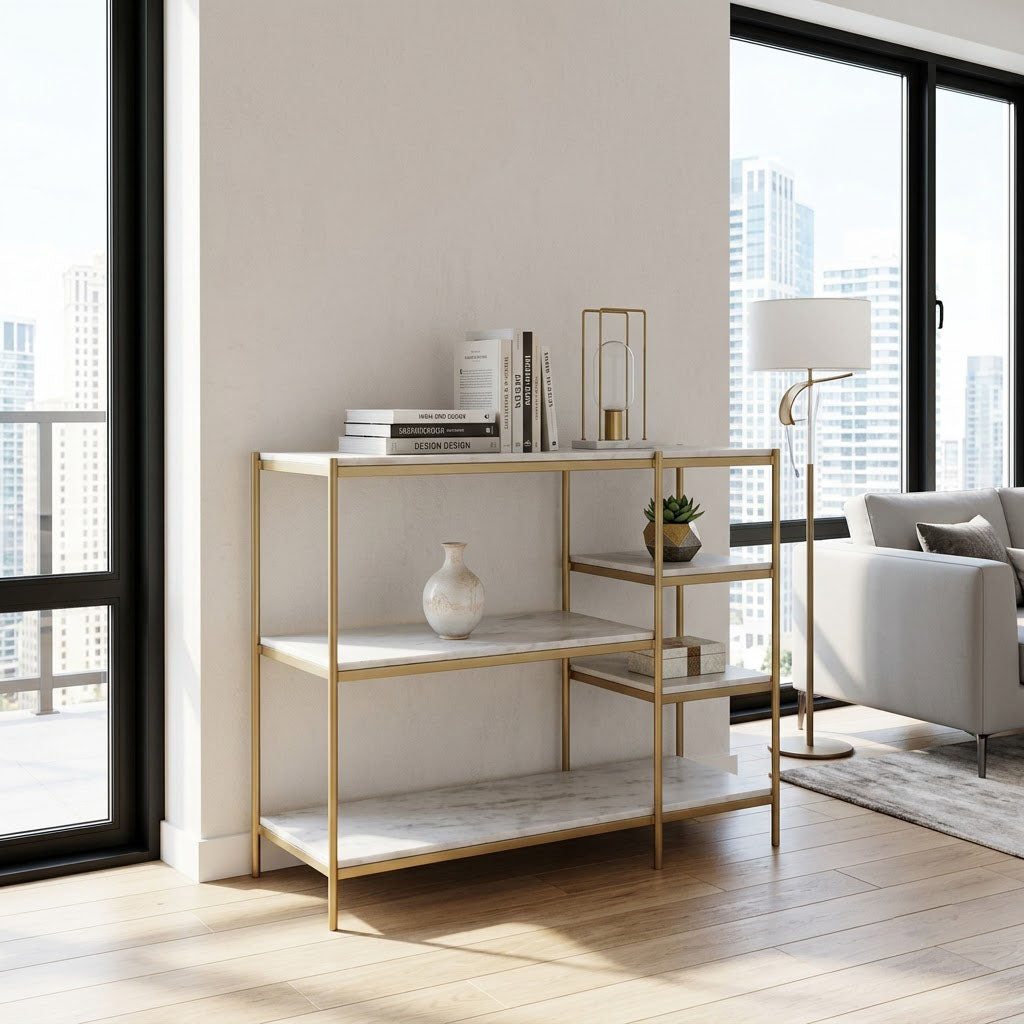 Naples Metal Marble 5 Tier Console Table - Gold Iron / White