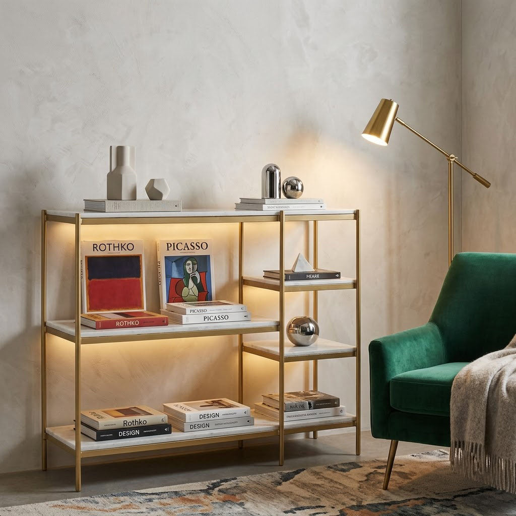 Naples Metal Marble 5 Tier Console Table - Gold Iron / White