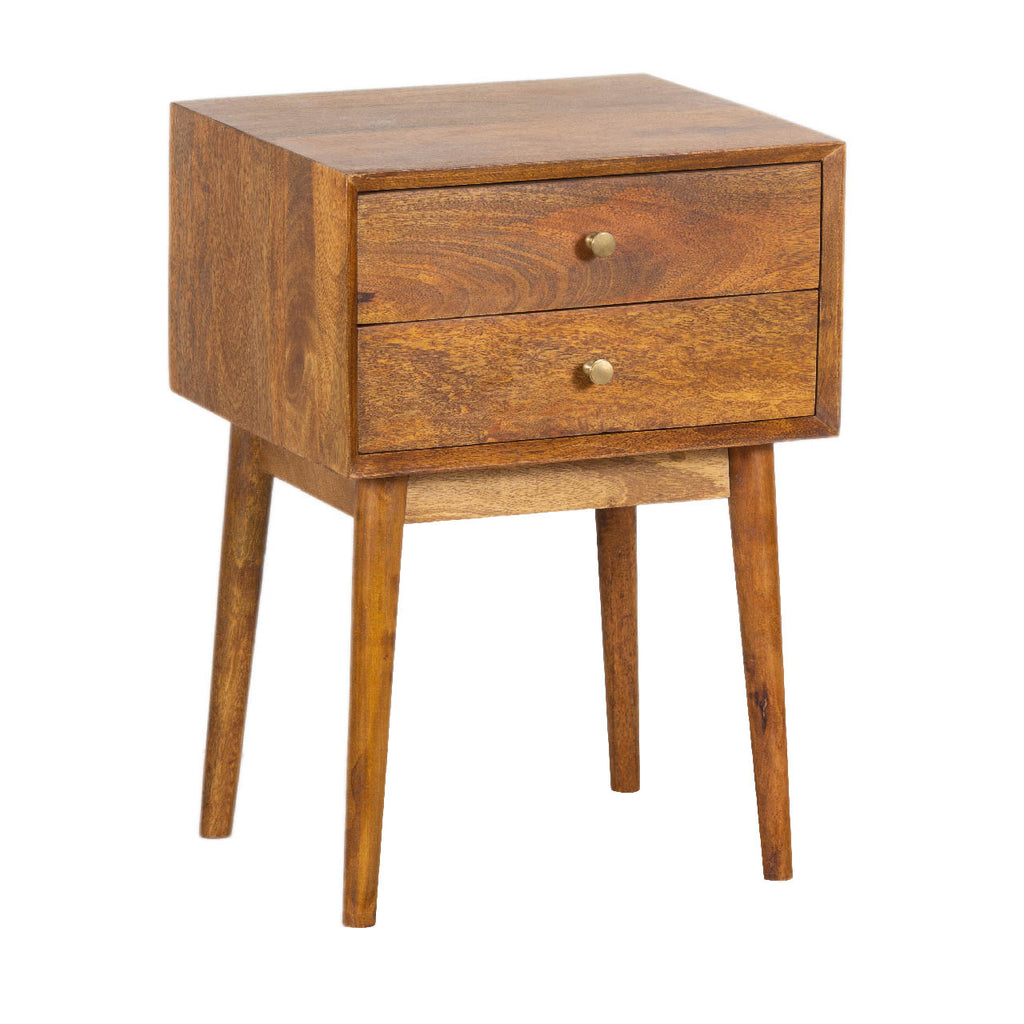 Mid Century Mango Wood 2 Drawer Nightstand-Cognac
