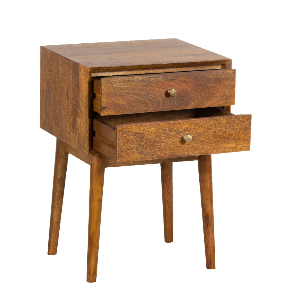 Mid Century Mango Wood 2 Drawer Nightstand-Cognac