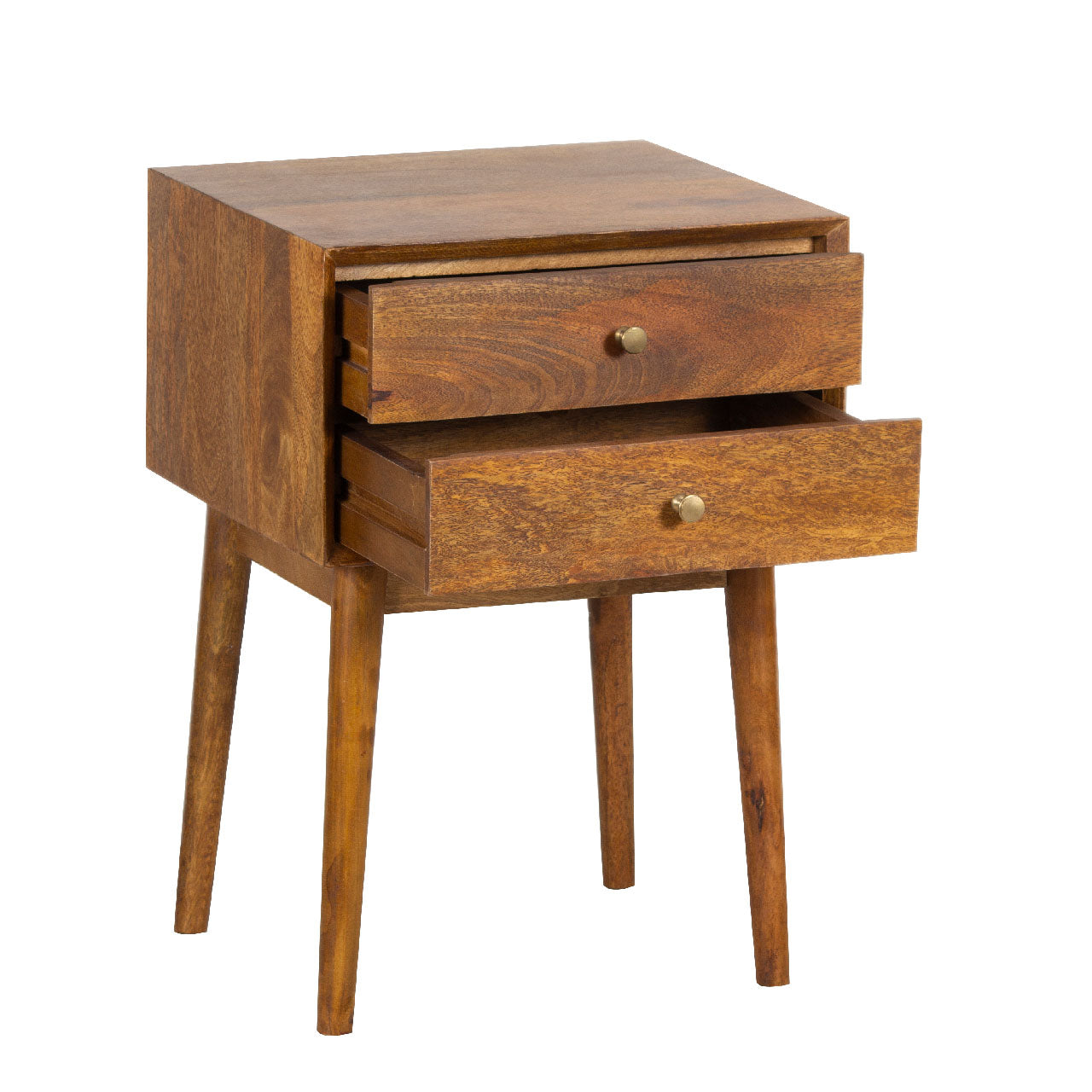 Mid Century Mango Wood 2 Drawer Nightstand-Cognac