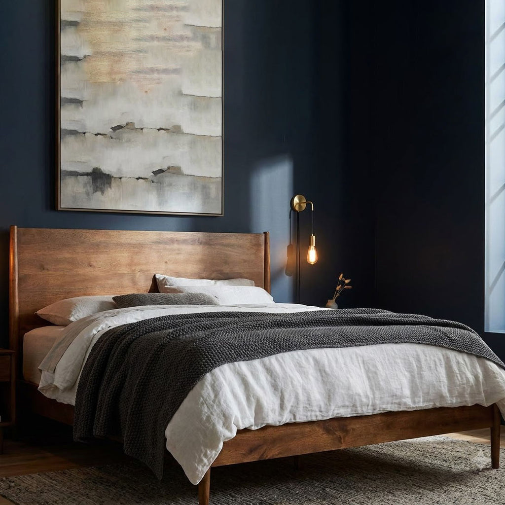 Mid Century Mango Wood King Bed - Cognac