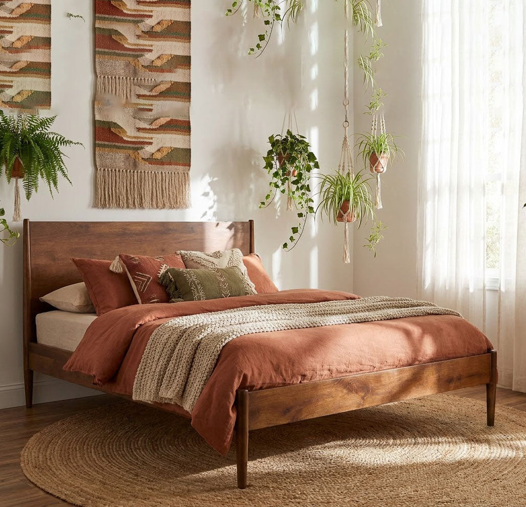 Mid Century Mango Wood King Bed - Cognac