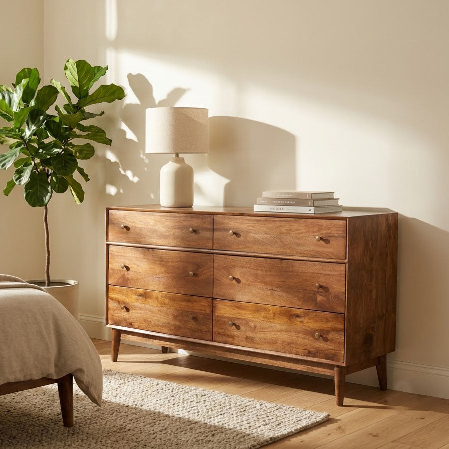 Mid Century Mango Wood 6 Drawer Dresser Cognac