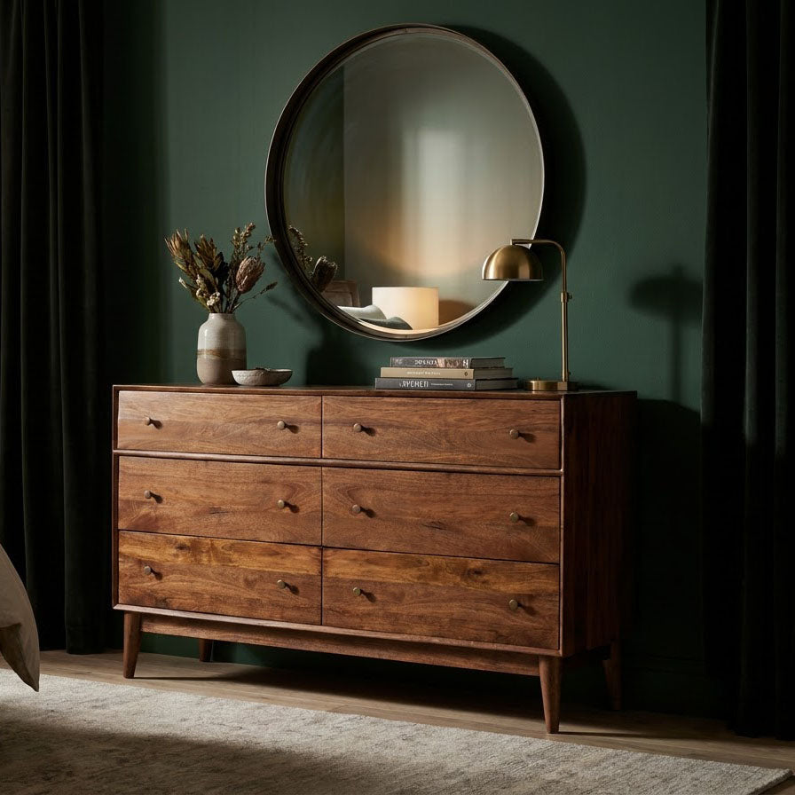 Mid Century Mango Wood 6 Drawer Dresser Cognac