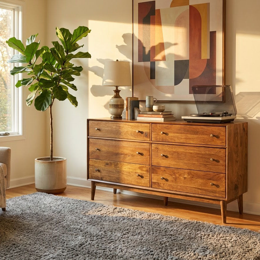 Mid Century Mango Wood 6 Drawer Dresser Cognac