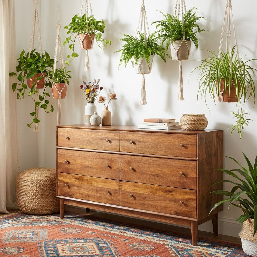 Mid Century Mango Wood 6 Drawer Dresser Cognac