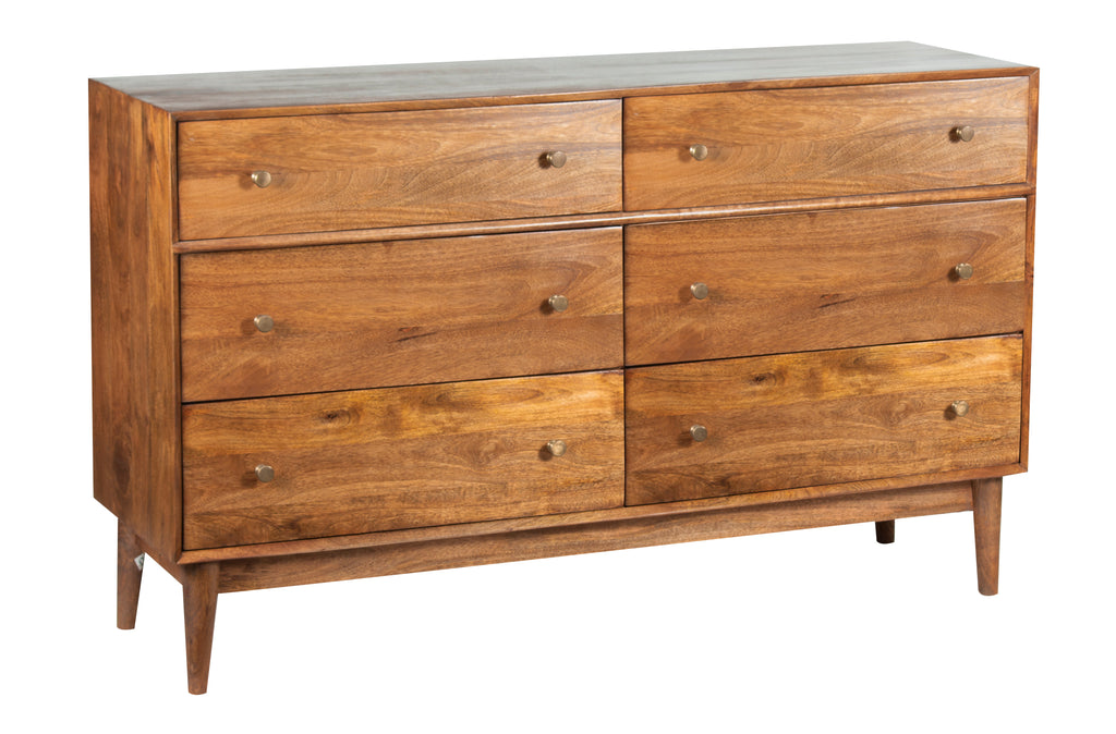 Mid Century Mango Wood 6 Drawer Dresser Cognac
