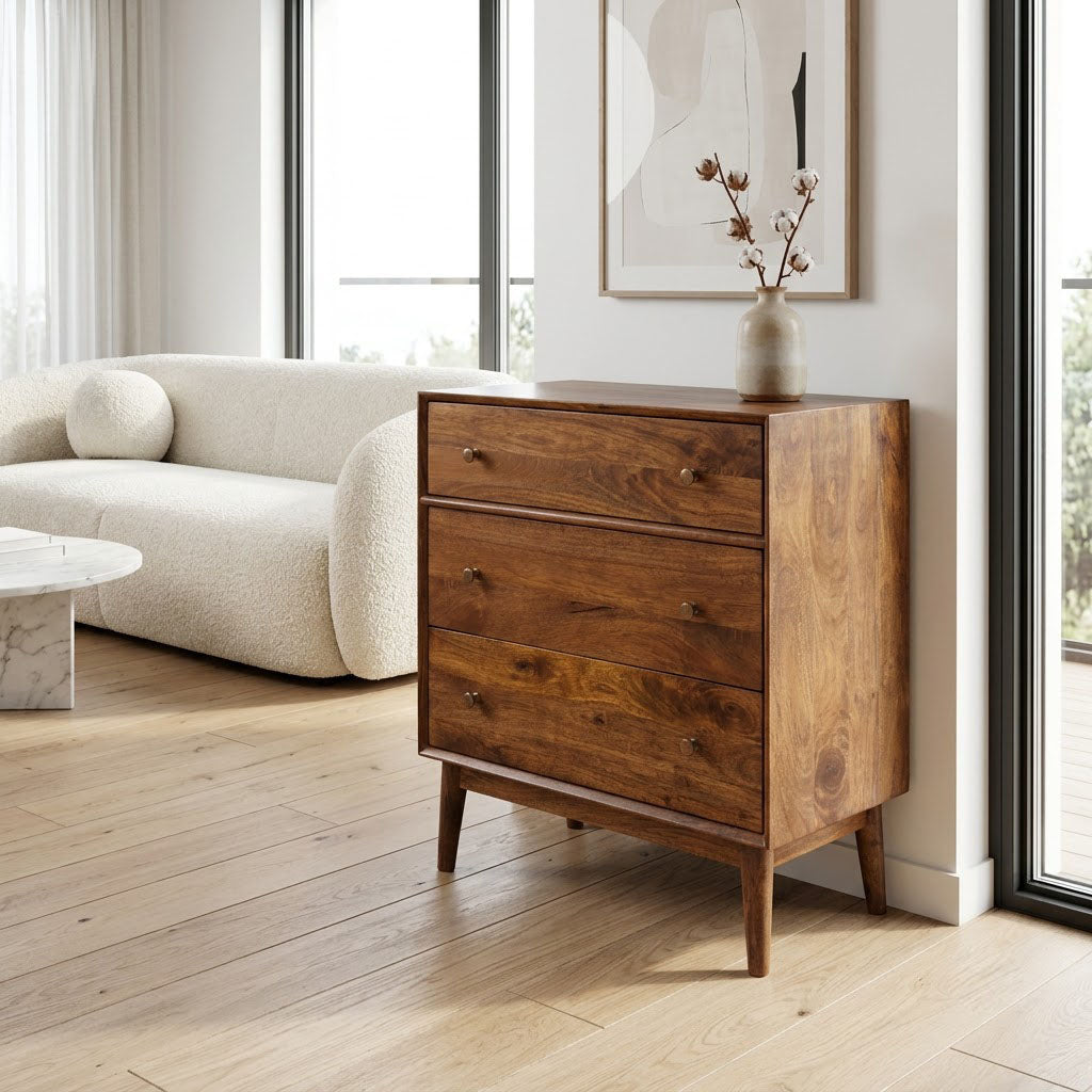 Mid Century Mango Wood 3 Drawer Chest Cognac