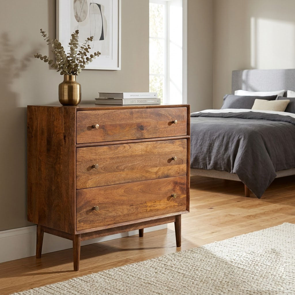 Mid Century Mango Wood 3 Drawer Chest Cognac
